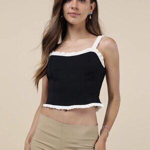 NWT Lulus Coquette Charisma Black and White Ruffled Tie-Back Crop Top